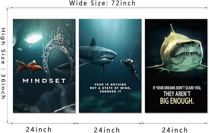 Inspirational Quotes Wall Art - Modern Shark Canvas Print Framed Mindset Posters Motivational Wall Decor for Office Gym Living Room Home (24 x 36 in x 3 Set)