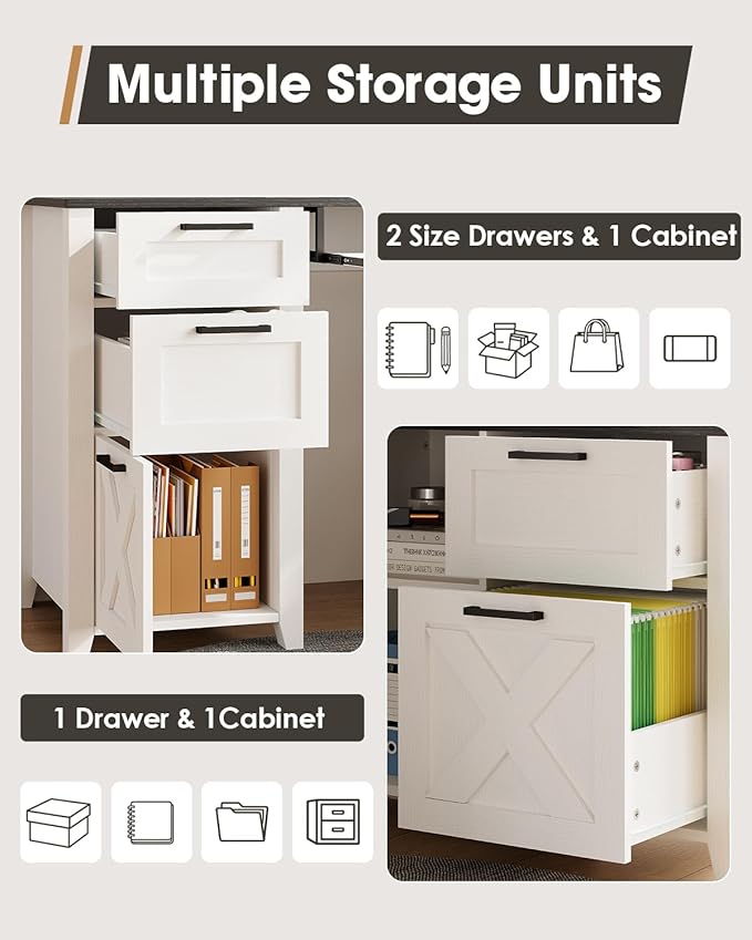HOPUBUY Farmhouse L Shaped Executive Desk with Drawers, 59''Home Office Corner Desks with Charging Station,File Cabinets,Storage Compartments Wood Computer Desk Writing Table w/Keyboard Tray,White