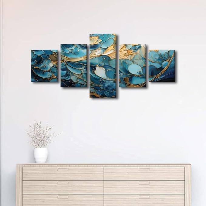 Canvas Wall Art for Men Modern Living Room Decor Blue and Gold Abstract Marble Pattern Painting Artwork 5 Panel Home Wall Art for Bedroom Decoration Stretched and Framed Ready to Hang 50x24 in
