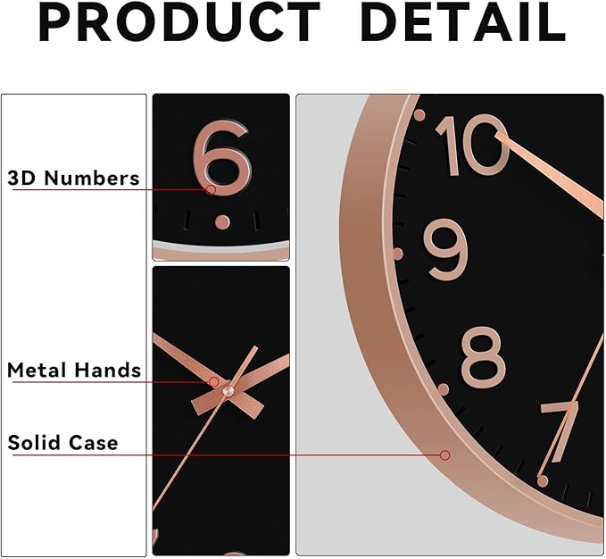 Wall Clock 12 Inch Silent Wall Clocks Battery Operated-Modern Non Ticking Analog Clock Decorative for Kitchen Bedroom Office (Black Rose Gold)