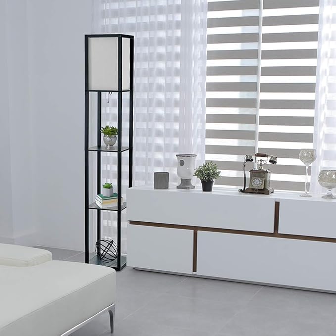 Simple Designs LF1014-BLK 62.5" Modern Etagere Organizer Storage 3 Shelf Floor Lamp with White Linen Fabric Shade for Home Décor, Office, Study, Bedroom, Living Room, Dining Room, Black