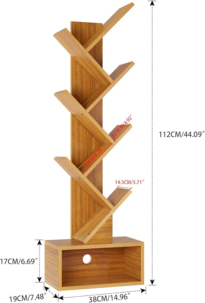 YMYNY 6 Tier Tree Bookshelf, Tall Bookcase, Wood Book Storage Rack with Drawer, Modern Floor Standing Book Shelf for Books/Movies/CDs, Utility Organizer for Living Room, Home Office, Natural UHBC016N