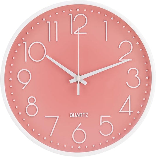 Wall Clock Non-Ticking Silent Modern Simple Style Round Decor Clock Stereoscopic Dial Quartz Wall Clocks for Home/Office/School/Living Room/Bedroom/Kitchen (Peach Pink, 8inch)