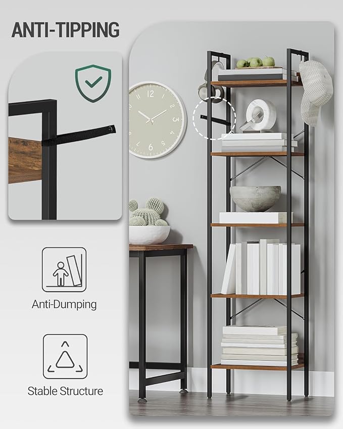 Bookshelf, Book Shelf, Industrial Bookcase with 2 Hooks, Coner Shelf Storage Organizer for Home Office, Living Room, Bedroom, Kitchen, 5-Tier Rustic Brown BC10501B