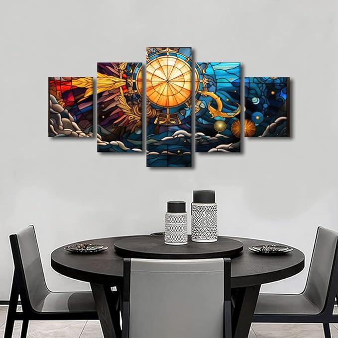 Canvas Wall Art Modern Bedroom Decor Stained Glass Style Poster Prints on Canvas Sea Sun Moon Stars Anchor Painting Art 5 Panel Wall Art for Office Decor Stretched and Framed Ready to Hang 60x32 in