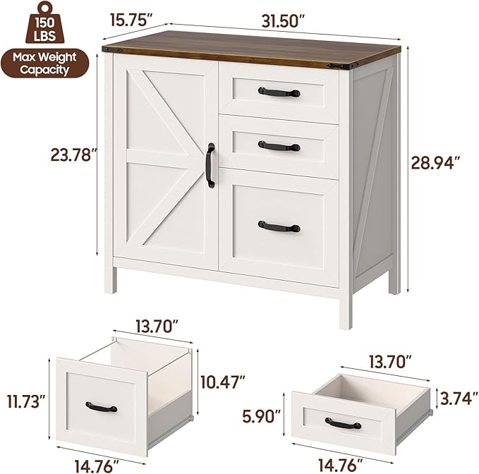 Farmhouse Lateral Filing Cabinet, Lateral File Cabinet with 3 Drawers and Storage Cabinet, Wooden Printer Stand with File Drawer for Letter/A4 Size Hanging File for Home Office, Rustic White