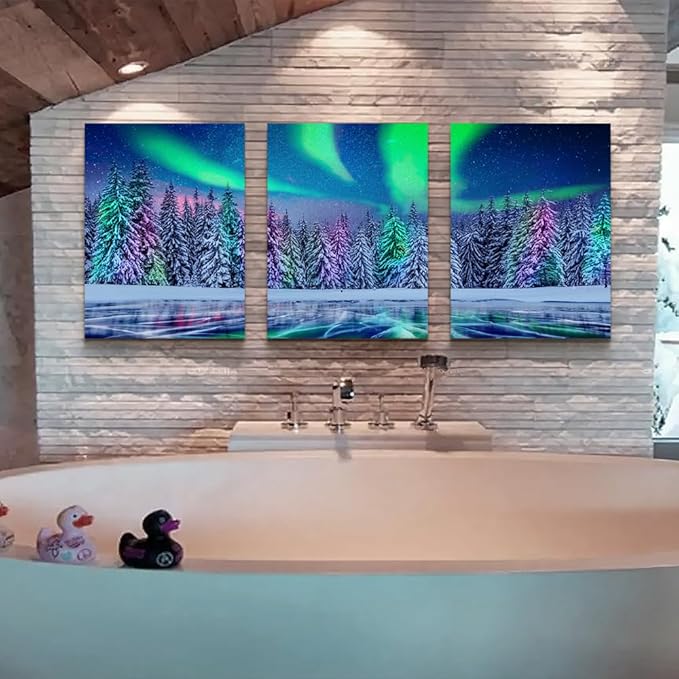 Lapremoly Canvas Wall Art For Living Room Wall Decorations For Bedroom Stretched And Framed Canvas Prints Paintings Aurora Scenery Pictures 3 Piece Bathroom Wall Decor Ready To Hang For Home Decor