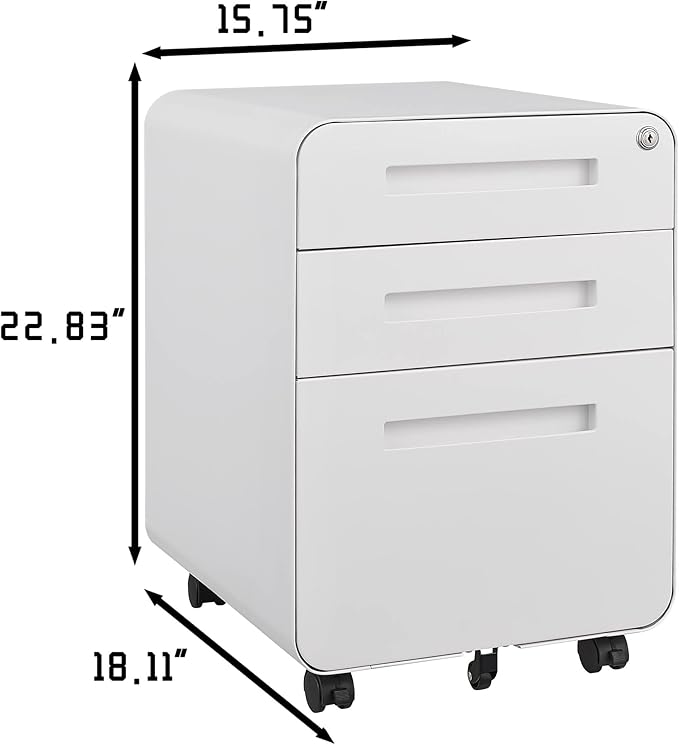 3 Drawer Mobile File Cabinet with Lock, Under Desk Storage Filing Cabinet for Home Office, Small Rolling File Cabinet for Legal, Letter and A4 Files (White)