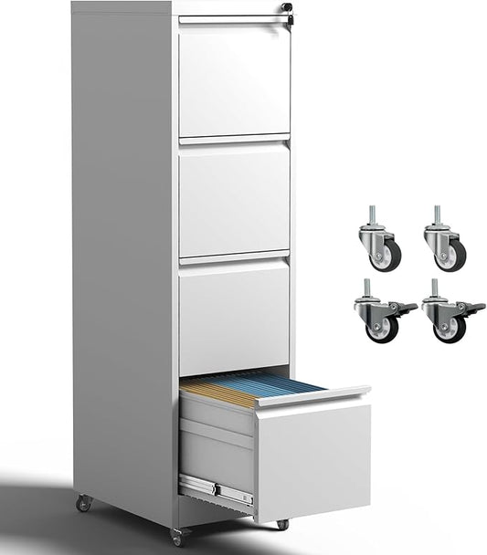4 Drawer File Cabinet with Wheels,Metal Mobile Filing Cabinets with Lock,White Rolling File Cabinet for Home Office,Heavy Duty Storage Cabinet for A4/Letter/Legal Size File,Assembly Required