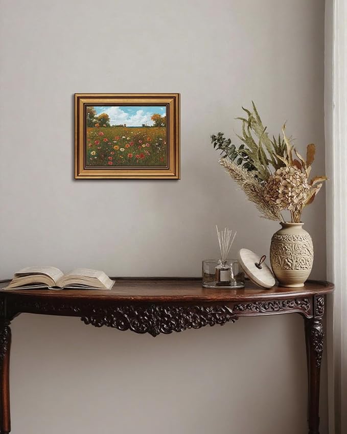 Gold Framed Wall Art Vintage Floral Canvas Wall Art Floral Countryside Blooming Wildflowers Artwork Prints Picture for Living Room Bedroom Farmhouse Bathroom Office Decor, 8x10