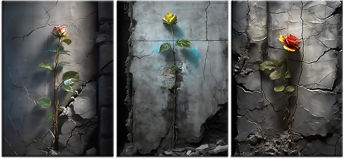 Floral Poster Wall Art Home Decor 3 Pieces Roses Growing in The Cracked Retro Wall Picture Print on Canvas Vintage Theme Painting Artwork for Living Room Office Gallery Ready to Hang [60''W x 28''H]