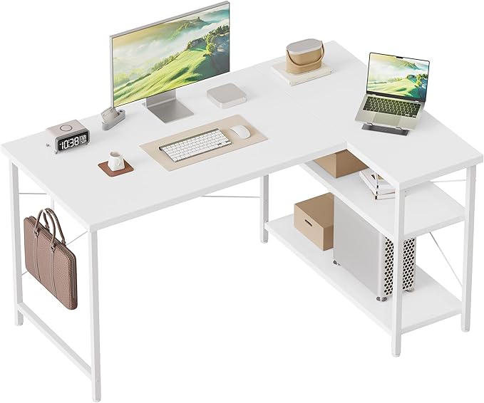 Mericonia Small L Shaped Computer Desk, Reversible Gaming Desk with Storage Shelves, Corner Gamer Desk Table, Study Writing Table