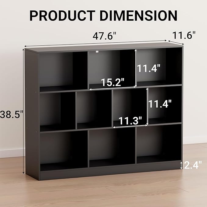 Black Bookshelf, Wooden Bookshelf with Base, Cube Storage Organizer, Bookcase for Living Room,Bedroom,Study and Office(Black, 10-Cube)