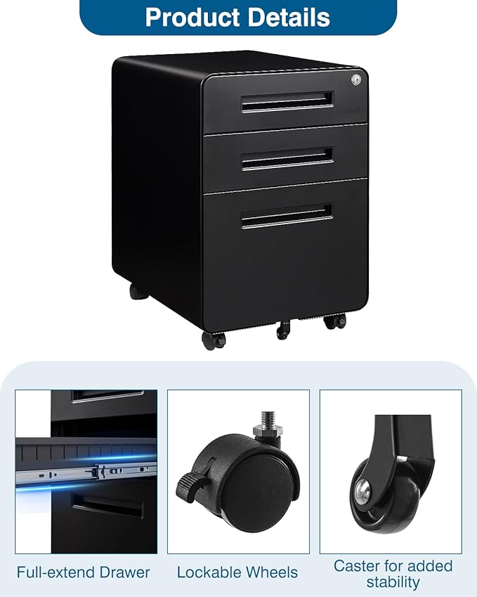 3 Drawer File Cabinet with Lock, Metal Under Desk Rolling Filing Cabinet fits Letter/Legal/A4 Size for Home Office,(Fully Assembled, Black)
