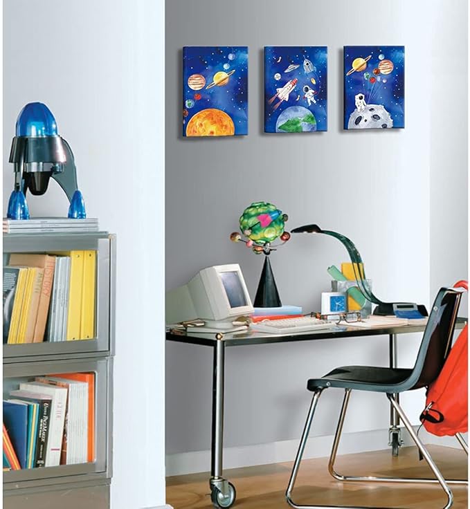 CHDITB Framed Outer Space Art Prints Cartoon Watercolor Planet Wall Art Set of 3 Pieces (11.8x15.6inch), Universe Theme Canvas Painting, Spaceship, Astronaut For Kids Room Nursery Decor-Ready to Hang
