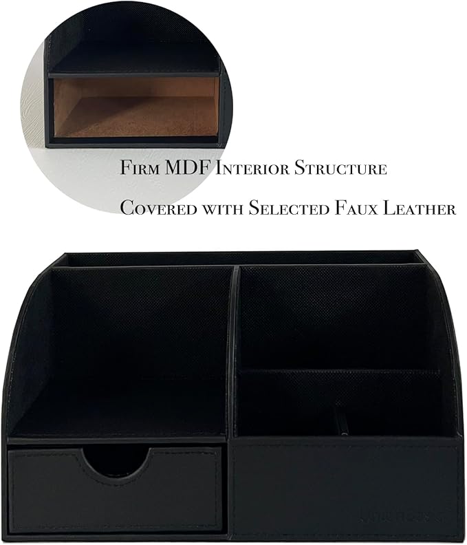 UnionBasic Desk Organizer - Multifunctional Leather Desktop Pen Holder Storage Box - Business Card/Pen/Pencil/Mobile Phone/Stationery Holder, Black
