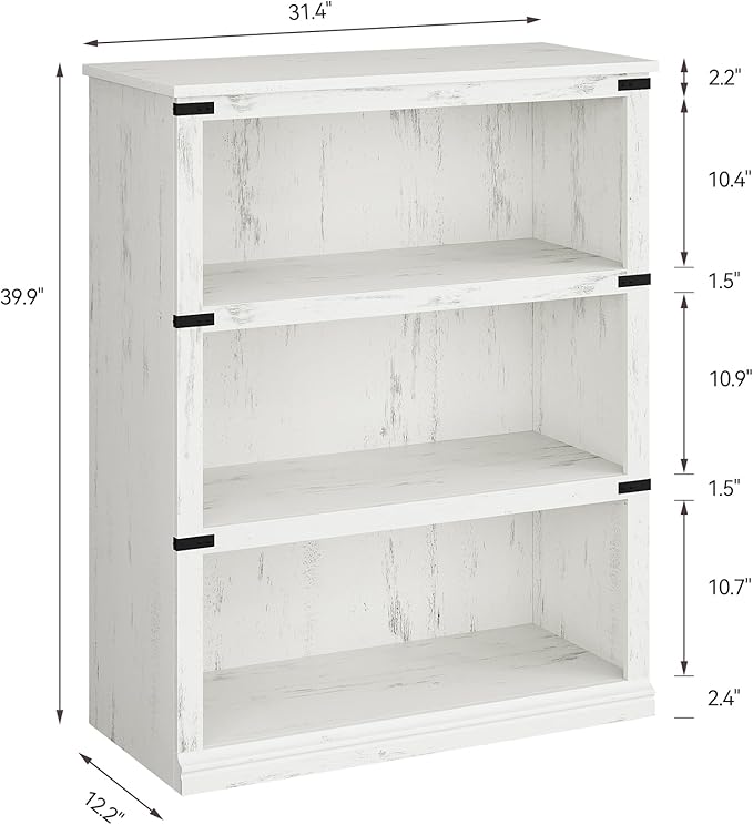 Farmhouse Book Shelf, 3 Tier Book Shelf for Display, 39.9" Wooden Bookcase for Storage, 3 Shelf Display Shelvesfor Home Office, Living Room, Bed Room-White