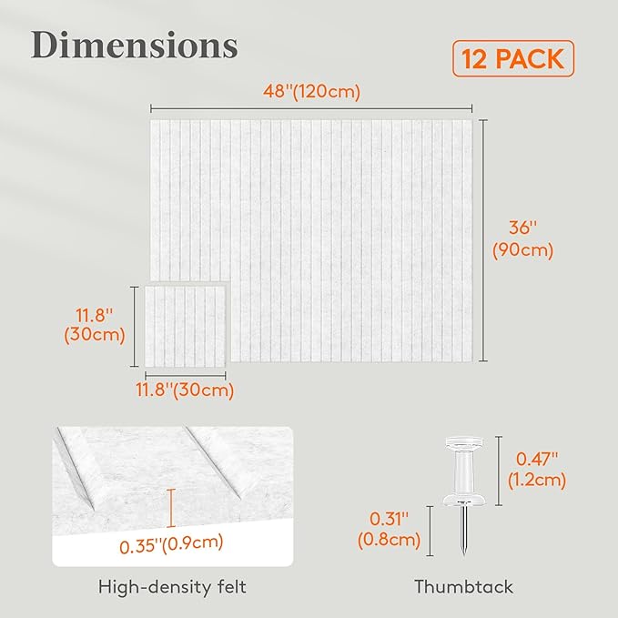 Lifewit Felt Slatted Bulletin Board with Self-Adhesive, 48"x 36"-12 Pack Cork Board Alternative, Pin Board Vision Board Message Board with 50 Pushpins for Office Decor, Room Decor, Gray