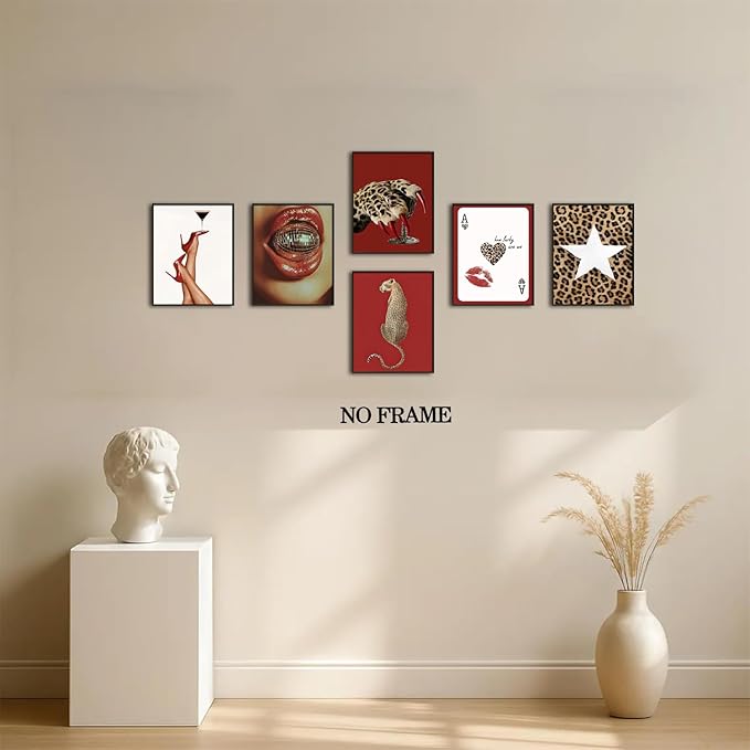 Trendy Leopard Wall Art Poster Set of 6, Red Funky Cheetah Martini Disco Ball Lip Pictures Wall Decor, Fashion Preppy Coquette Paintings Prints for Living Room Bedroom Dorm 8x10 inch Unframed