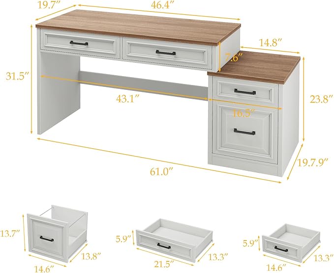 Vabches 61" Farmhouse Computer Desk with Storage and File Drawer, Executive Desks with Printer Stand, Rustic Large Home Writing Desk for Home Office.