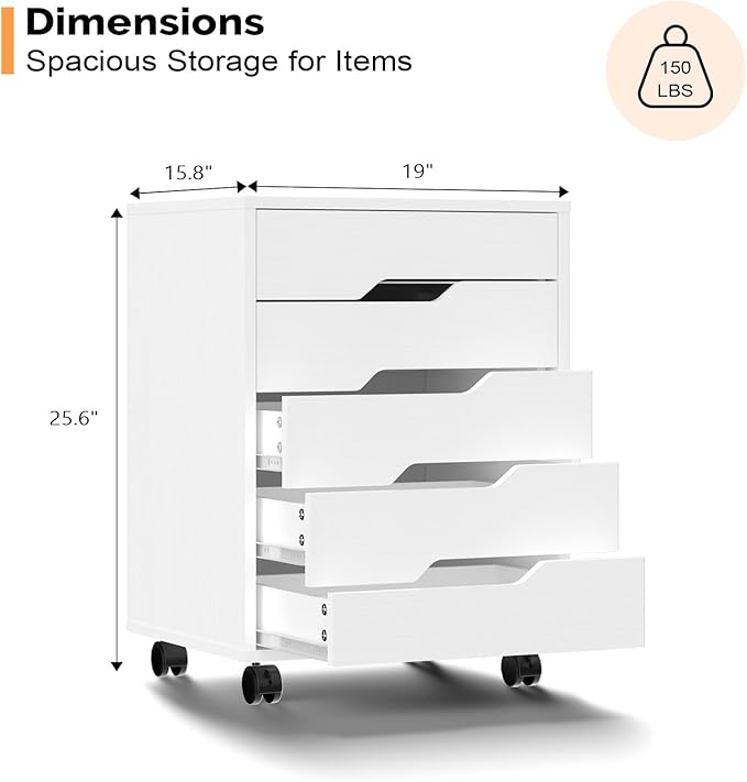 VINGLI 5 Drawers Rolling File Cabinet with Wheels, Under Desk Storage Organization, Vertical Filing Chest Mobile Wood Small Desk Printer Stand for Home Office, 19" W × 15.8" D × 25.6" H, White