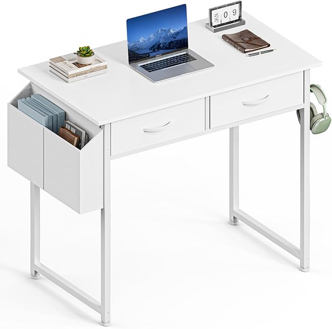 Sweetcrispy Computer Desk Small 32 Inch Home Office Bedroom Writing Study PC Table with Fabric Storage Drawers Space Side Bag Headphone Hook Metal Frame Adjustable Feet Modern Simple Style, White Wood