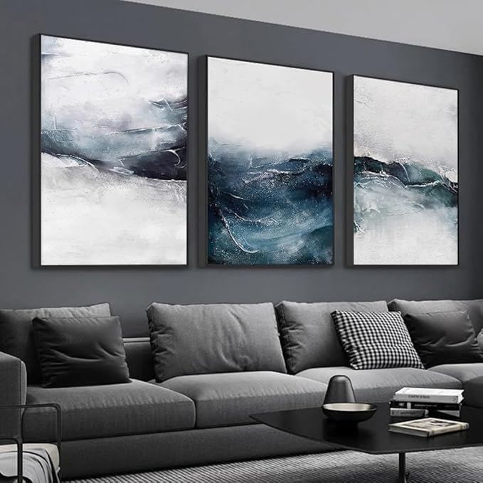 ARTKN Abstract Wall Art 3 Piece Large Framed Canvas Wall Art for Living Room Bedroom Home Office Modern Blue Seascape Decorative Paintings Ocean Theme Poster Prints(Blue, 24" X 32" X 3 Pieces)