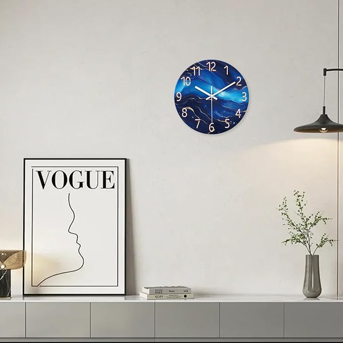 Glass Blue Wall Clocks Battery Operated 16 Inch Marble Pattern Big Clock for Office Abstract Silent Wall Clock Non Ticking