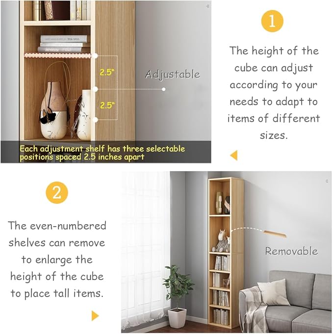 IOTXY Small Narrow Corner Bookcase - 59 Inches Tall Gap Freestanding Storage Cabinet, 7 Lattices Open Shelves Tower Rack, Cubes Bookshelf in White