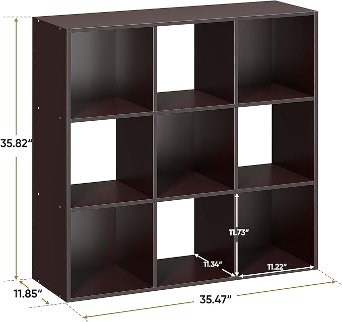 SUPER DEAL 9 Cube Storage Organizer, 3 Tier Bookshelf Open Shelf Display Rack with 5 Removable Back Panels Wood Bookshelf System for Home, Office, Bedroom, Living Room, Dark Brown