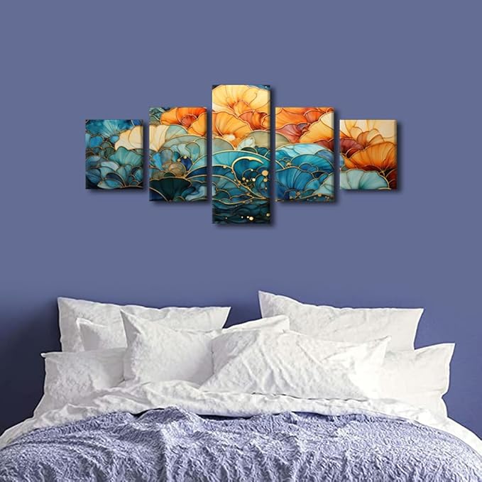 Flower Canvas Wall Art Decor Modern 5 Panel Canvas Artwork Abstract Canvas Wall Art Printing Blue and Orange Colors Poster for Living Room Wall Decor Stretched and Framed Ready to Hang 50x24 in