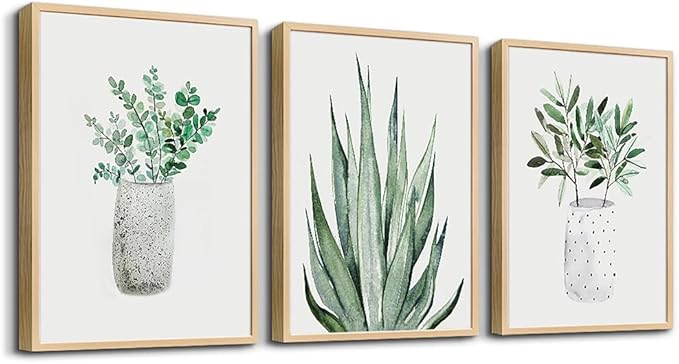 Natural Wood Framed Wall Art Painting For Dining Room Family Wall Decor For Bedroom Wall Decoration Living Room Decor Art Green Leaf Pictures Artwork For Home Walls Large Size Framed Art Prints