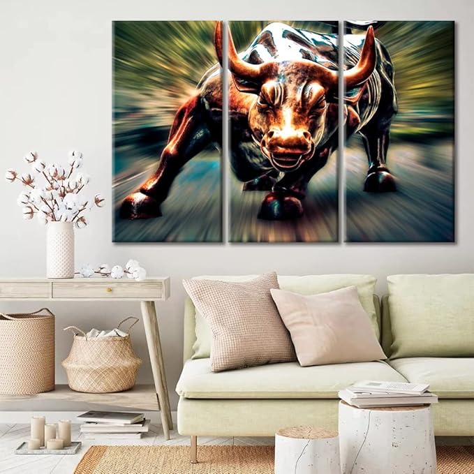 Wall Art for Living Room 3 Panel Courageous and Powerful Bull Painting on Canvas Prints Pictures for Living Room, Bedroom, Office With Wood Framed Stretched Ready to Hang - 36" Wx24 H