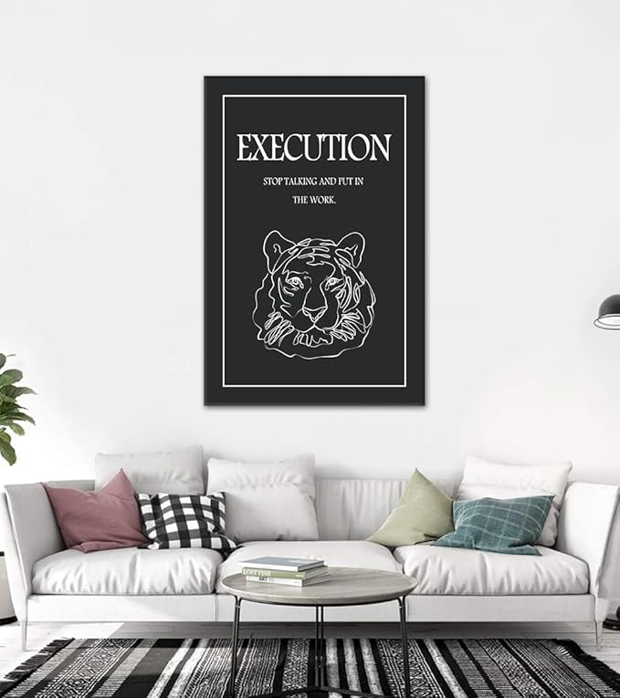 Motivational Wall Art - Black and White Tiger Head Canvas Print with Inspiring Quote, Inspirational Office Wall Decor STOP TALKING AND PUT IN THE WORK Execution Poster for Home Gym, Framed 28"x44"