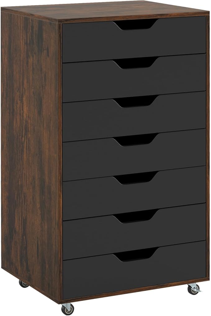 7 Drawers Filing Cabinet, Vertical File Cabinet for Home Office, Mobile Under Desk Office Storage Cabinets with Wheels (Rustic Brown)