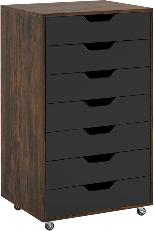 7 Drawers Filing Cabinet, Vertical File Cabinet for Home Office, Mobile Under Desk Office Storage Cabinets with Wheels (Rustic Brown)