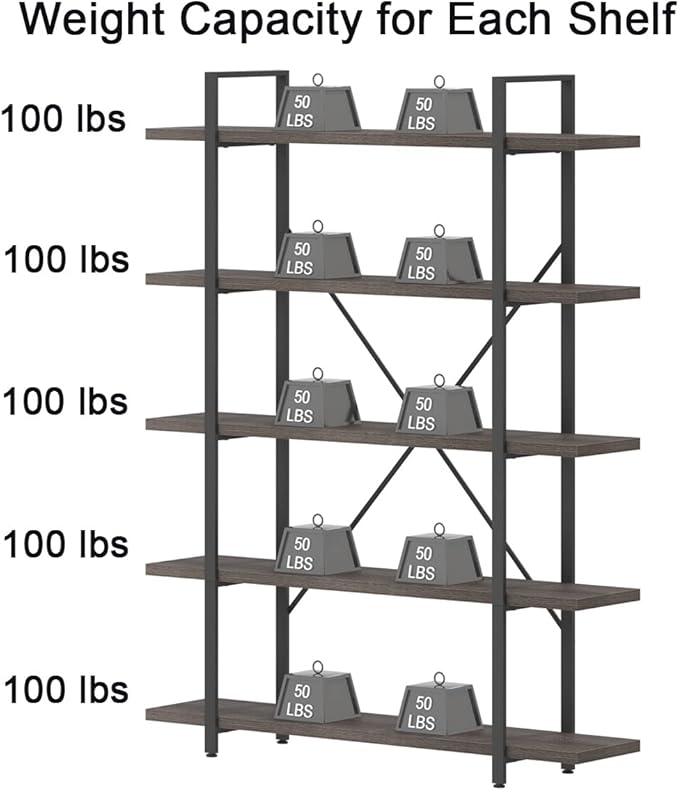 HSH 5 Shelf Bookcases and Book Shelves,Industrial Modern 5 Tier Tall Bookshelf, Rustic Wood and Metal Large Book Shelf for Bedroom Living Room,Vintage Open Wide Vertical Etagere Book Case, Dark Gray