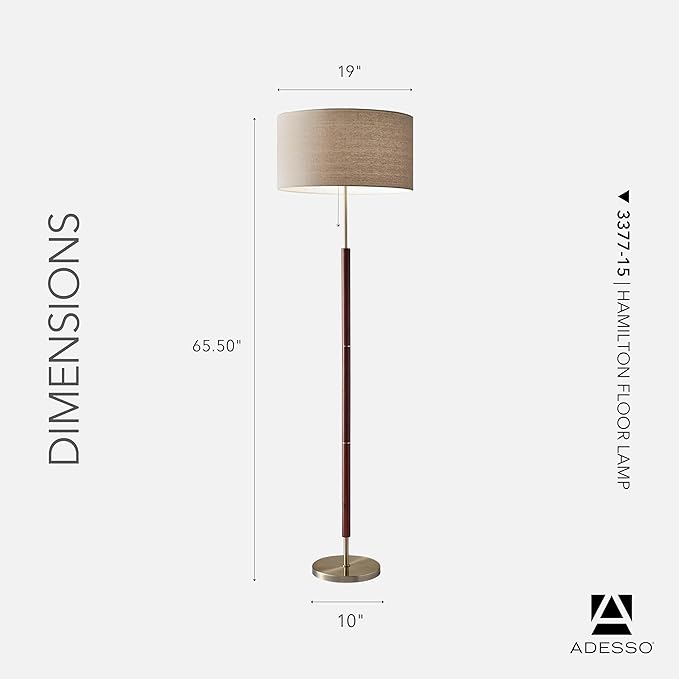 Adesso Floor Lamp with Natural Oak Veneer and Off-White Fabric Lampshade – 3-Way Adjustable Brightness, Lamp for Bedroom, Living Room, and House Décor, 60.25” x 21”