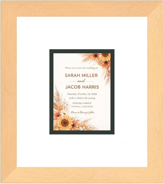 Poster Palooza Wedding Invitation Display Frame 10x11.25 in Natural With White and Black Double Mat for 4.25x5.5 A2 Keepsake | USA Made