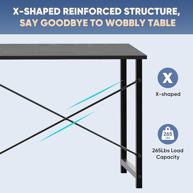 DUMOS 44 in Computer Desk for Home Office, Modern Study Work Table Simple Style for Bedroom, Writing Desks with X-Shaped Reinforcement, Black
