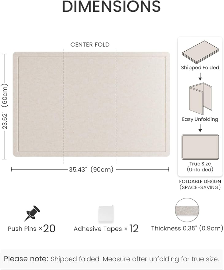 Fluxynara Bulletin Board,35.4" x 23.6" Cork Board Alternative with 12 Safe Removable Adhesive Tabs, Foldable Felt Pin Board for Home Office, Classroom, Bedroom,Entryway for Walls— Oatmeal