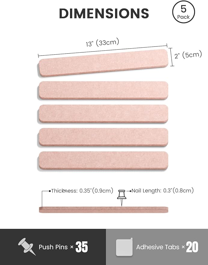 Fluxynara Cork Board Alternative Felt Strip Board 5-Pack 13"x2", Office Pin Board with 35 Push Pins, Adhesive Install for Bedroom Door & Home Office(Pink)