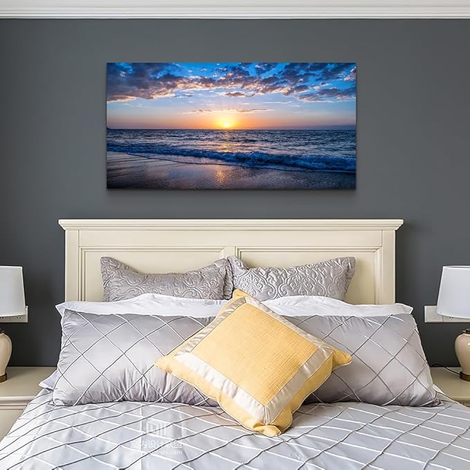 Wapluam Beach Wall Art Blue Sea Coastal Sunset Natural Scenery Picture Print On Canvas Ocean Seascape Canvas Print Artwork for Living Room Bedroom Kitchen Bathroom Home and Office Wall Decor 20" x 40"
