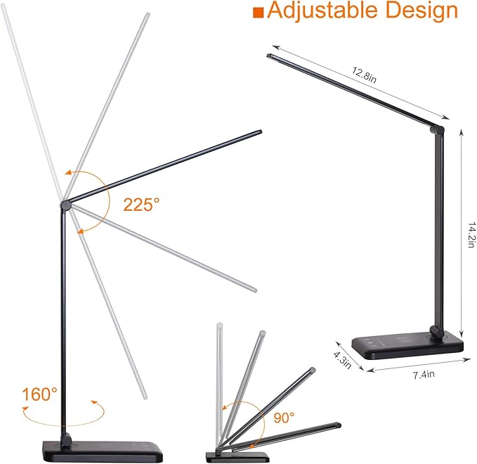 LED Desk Lamp with Wireless Charger,Eye-Caring Table Lamps,Stepless Dimmable Office Lamp with USB Charging Port,Touch/Memory/Timer Function,25 Brightness Lighting,Foldable Lamp