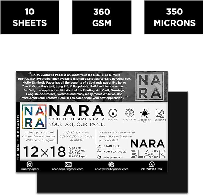 NARA Alcohol Ink Paper | Black | 12 inches x 18 inches (12”x18”) | 350 microns/360 GSM | 10 Sheets | Medium+ Paper | Paper for Alcohol Ink Art Painting | 100% Stain-Free