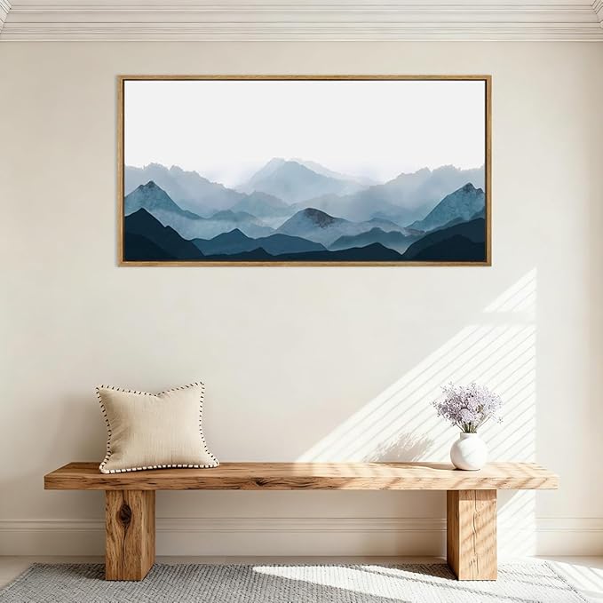 Blue Mountain Wall Art Fog Mountain Wall Decor Minimalist Mountain Artwork Blue Wall Art Decor 20x40 Inches Framed Mountains Art Minimalist Landscape Paintings Large Landscape Artwork for Bedroom Living Room Office Decor