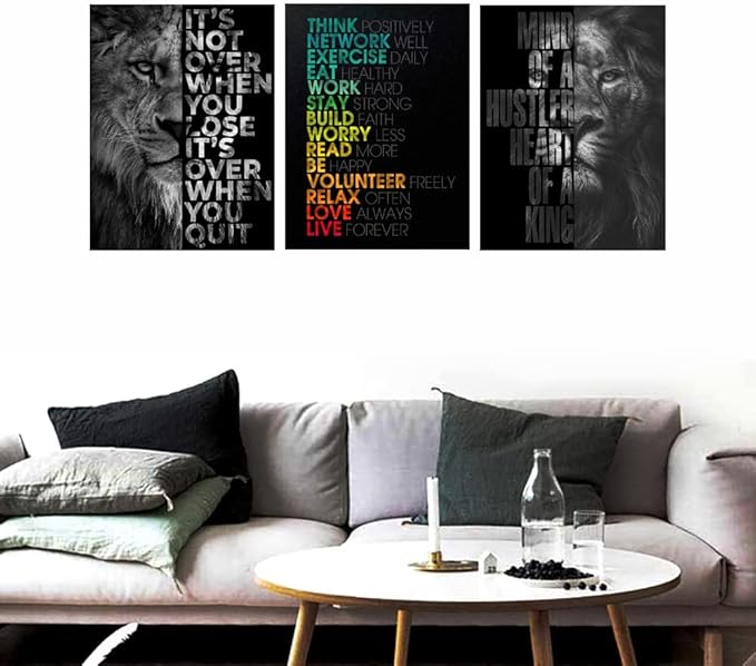 Unbruvo Motivational Office Wall Art Inspirational Canvas Wall Art Lion Picture Print Entrepreneur Quote Wall Painting 3 Pieces Artwork for Living Room Bedroom Classroom Home Decor(60”Wx28”H)