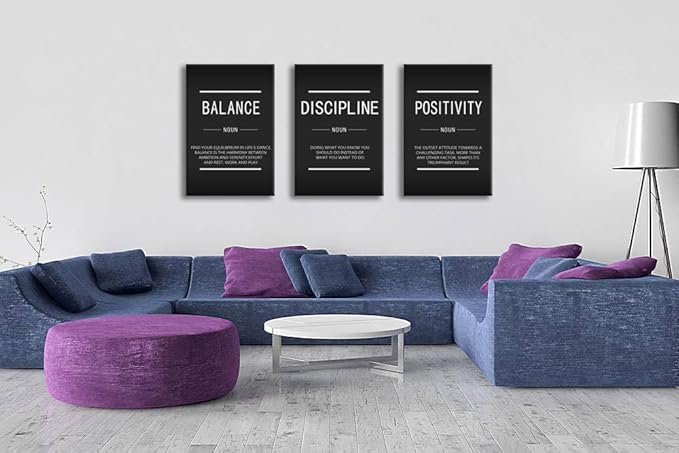 3 Panel Balance Discipline Positivity Noun Canvas Wall Art Motivational Quotes Poster Inspiring Inspirational Picture Print Artwork for Home Living Room Bedroom Office Wall Decor Framed[72''Wx 36''H]