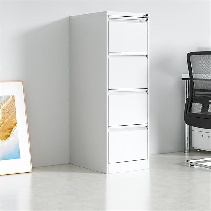 4 Drawer File Cabinet, Heavy Duty Vertical Filing Cabinets with Lock, Metal Steel Storage Cabinet for Office and Home, Assembly Required, White
