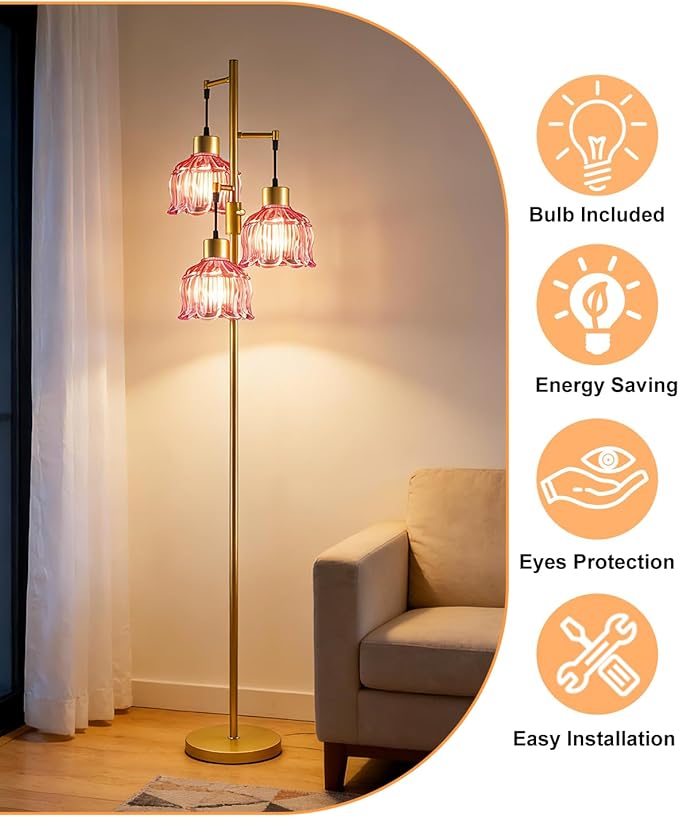Lightdot 3-Light Flower Floor Lamps, 65'' Dimmable Floor Lamp with Rose Red Glass Shade& E12 Bulbs Included, Mid Century Standing Lamp for Living Room/Bedroom/Sofa Beside/Corner Decor-Gold
